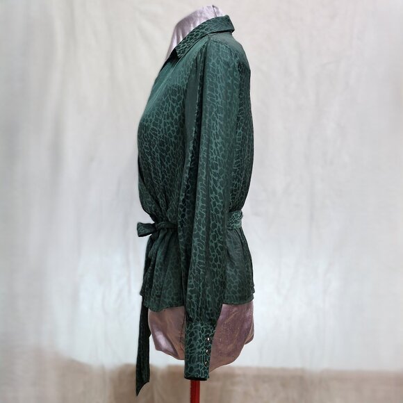 Jade Green Cheetah Print Blouse with Ribbon Waistline - Picture 3 of 11